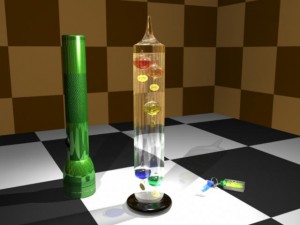 Flashlight, level, and Galileo Thermometer